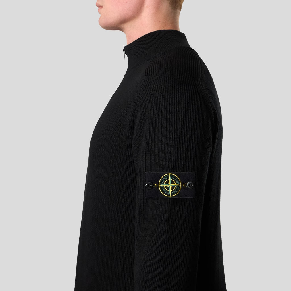 RIBBED SOFT ORGANIC COTTON HALF-ZIP JUMPER - BLACK