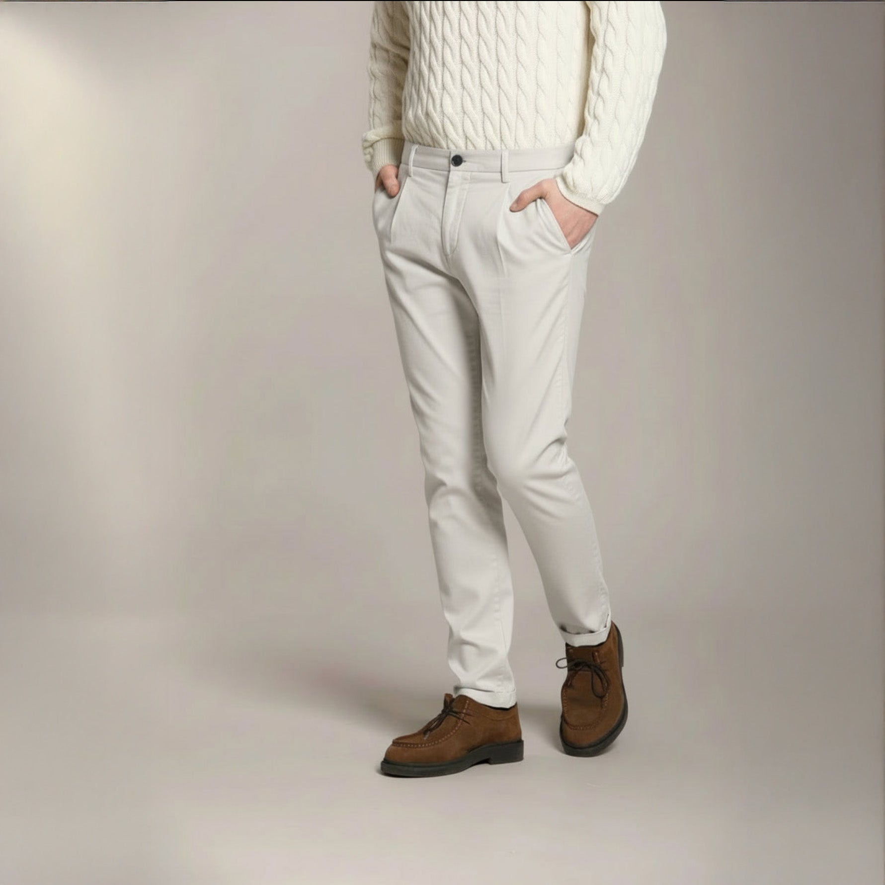 P.OSAKA 1 PINCES COTTON WOOL CHINO PANTS - PEARL GREY