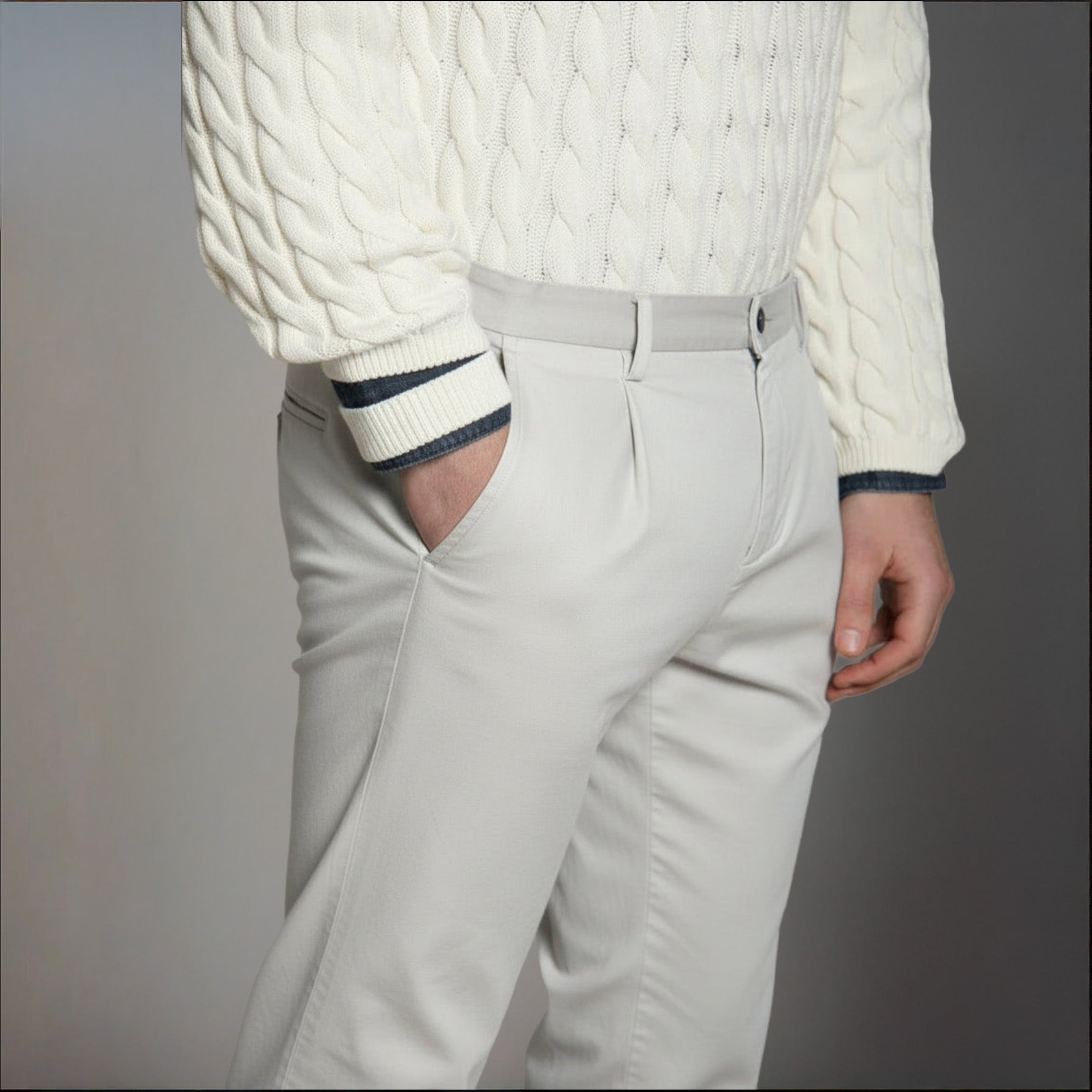 P.OSAKA 1 PINCES COTTON WOOL CHINO PANTS - PEARL GREY