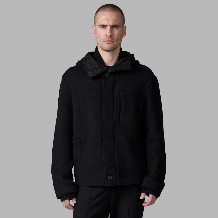 BLACK JACQUARD HOODED JACKET- BLACK