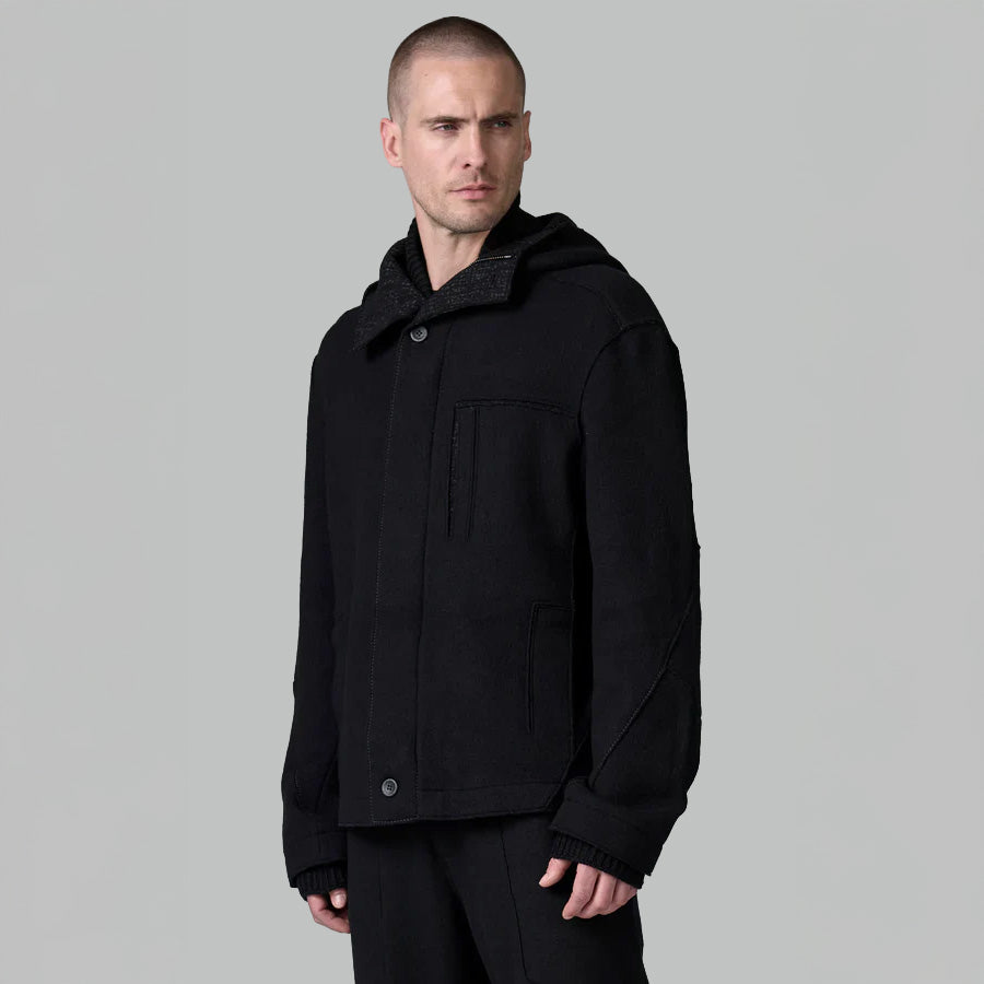 BLACK JACQUARD HOODED JACKET- BLACK