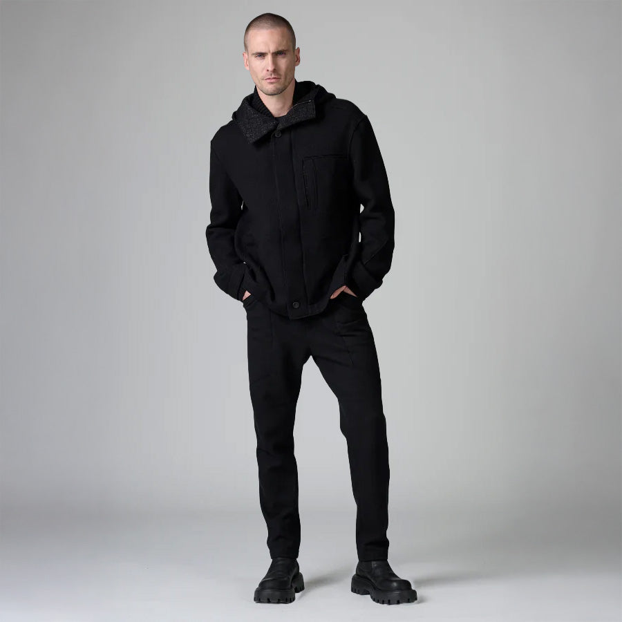 BLACK JACQUARD HOODED JACKET- BLACK