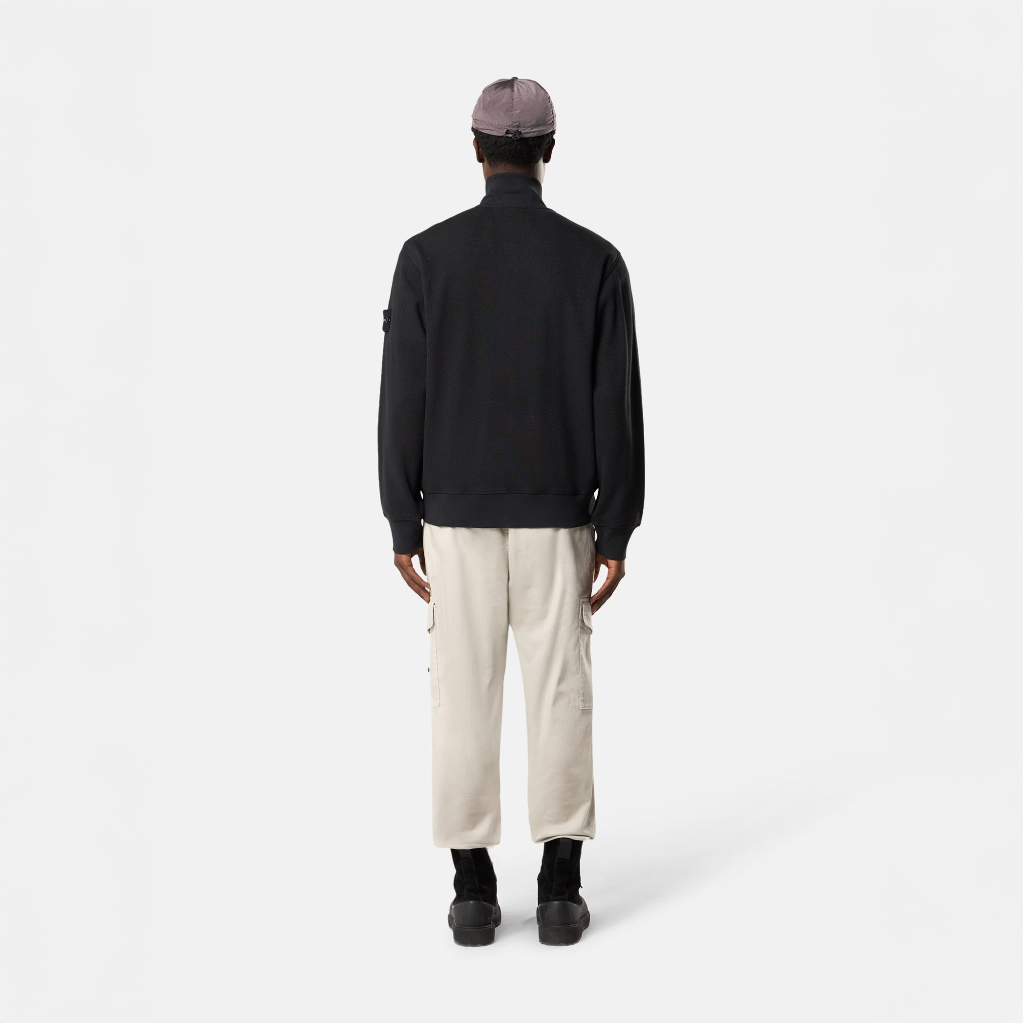 MESH STITCH ORGANIC COTTON FLEECE TRACK JACKET - BLACK