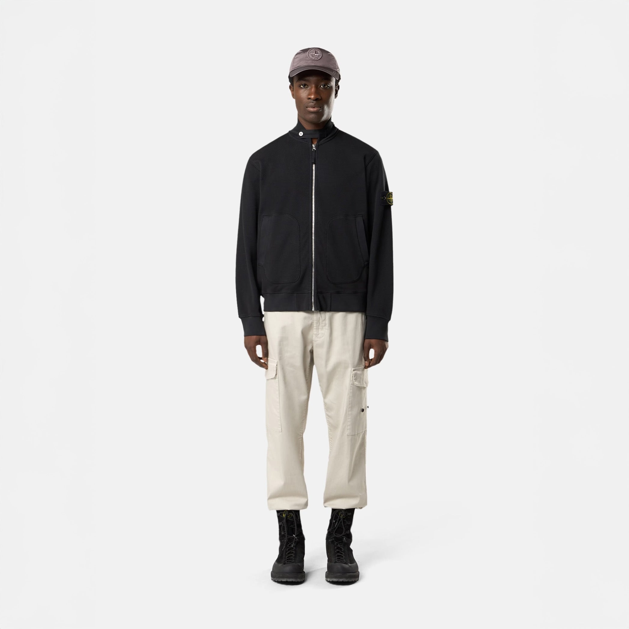 MESH STITCH ORGANIC COTTON FLEECE TRACK JACKET - BLACK