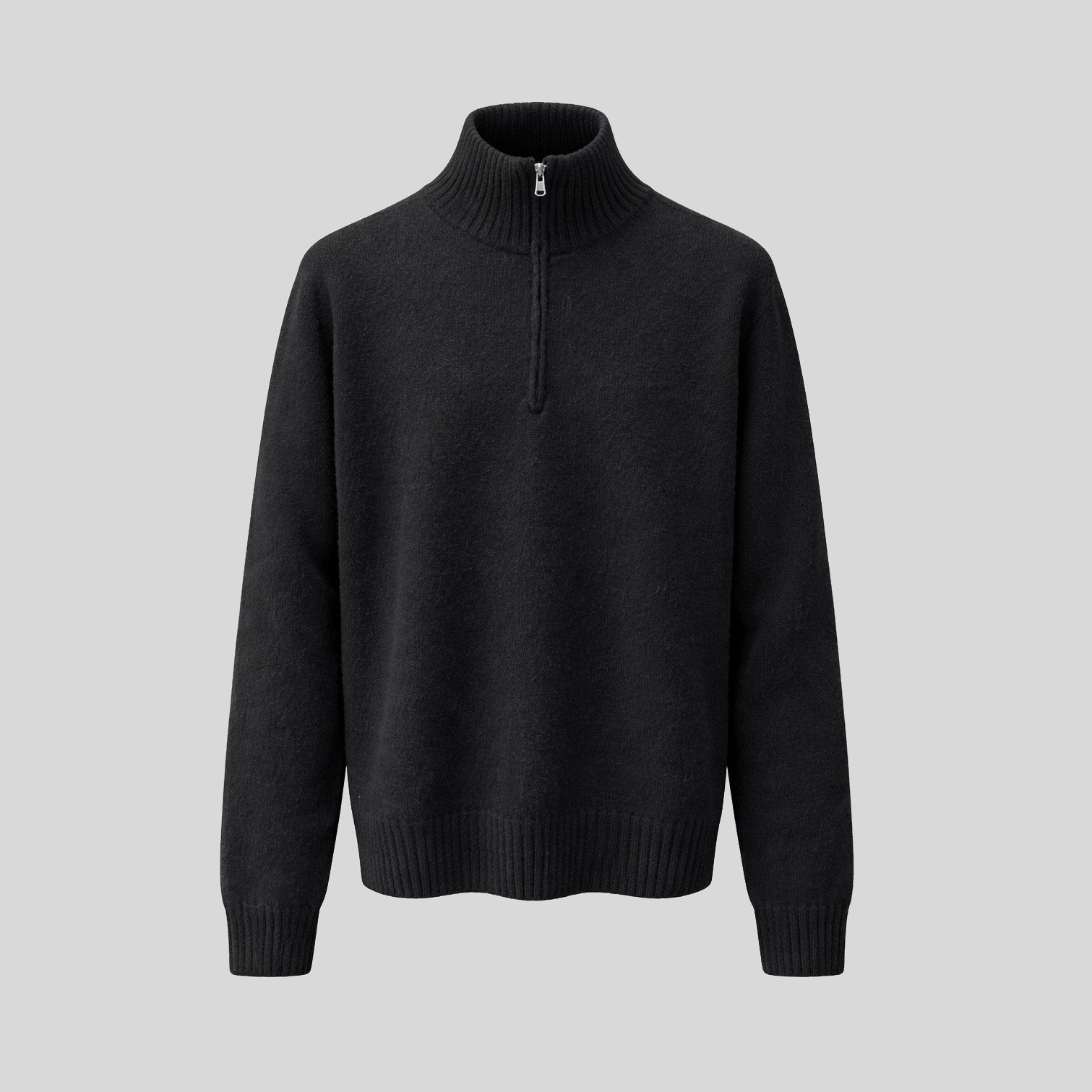 VIRGIN WOOL QUARTER ZIP SWEATER   - BLACK