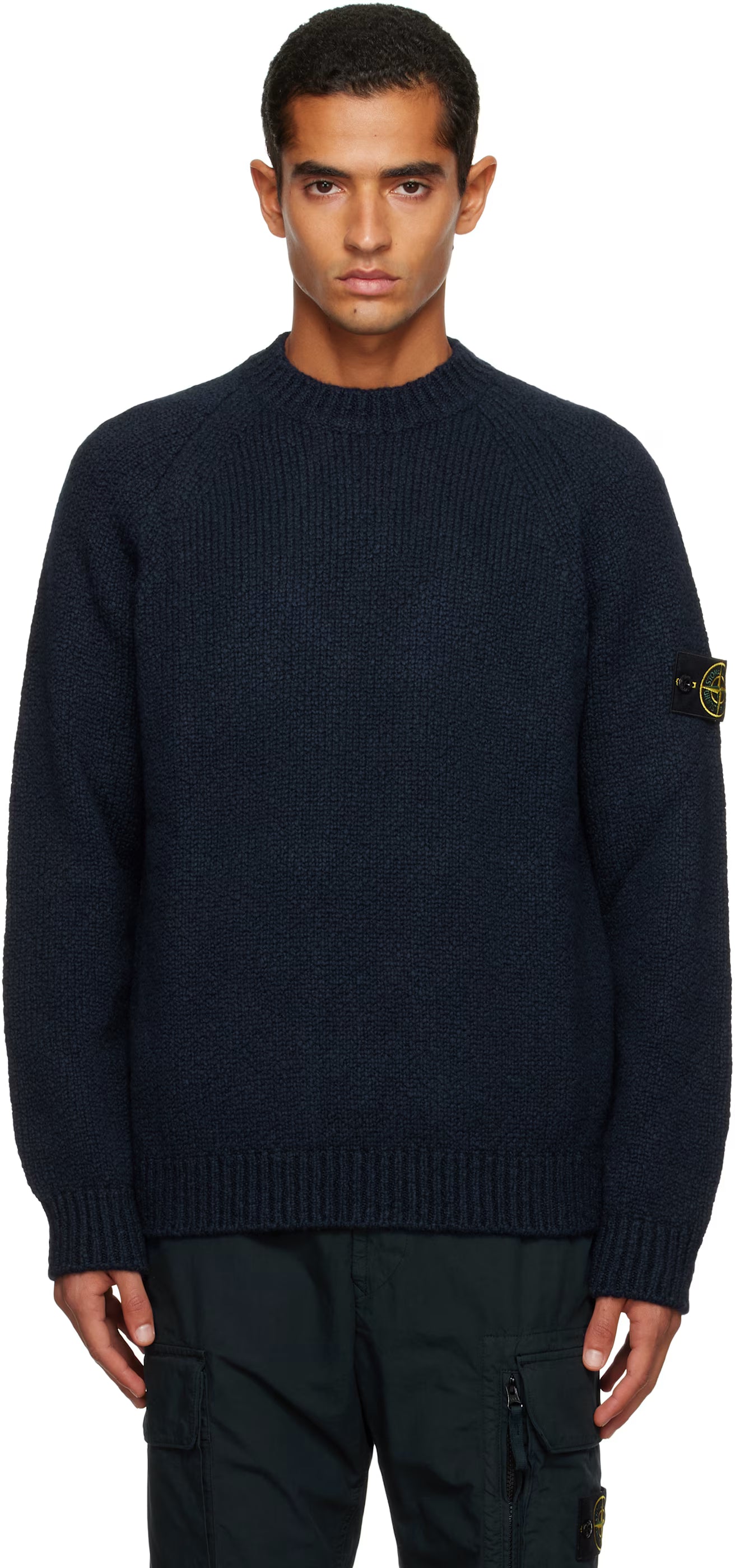 NAVY BLUE FANCY YARN WOOL CREWNECK